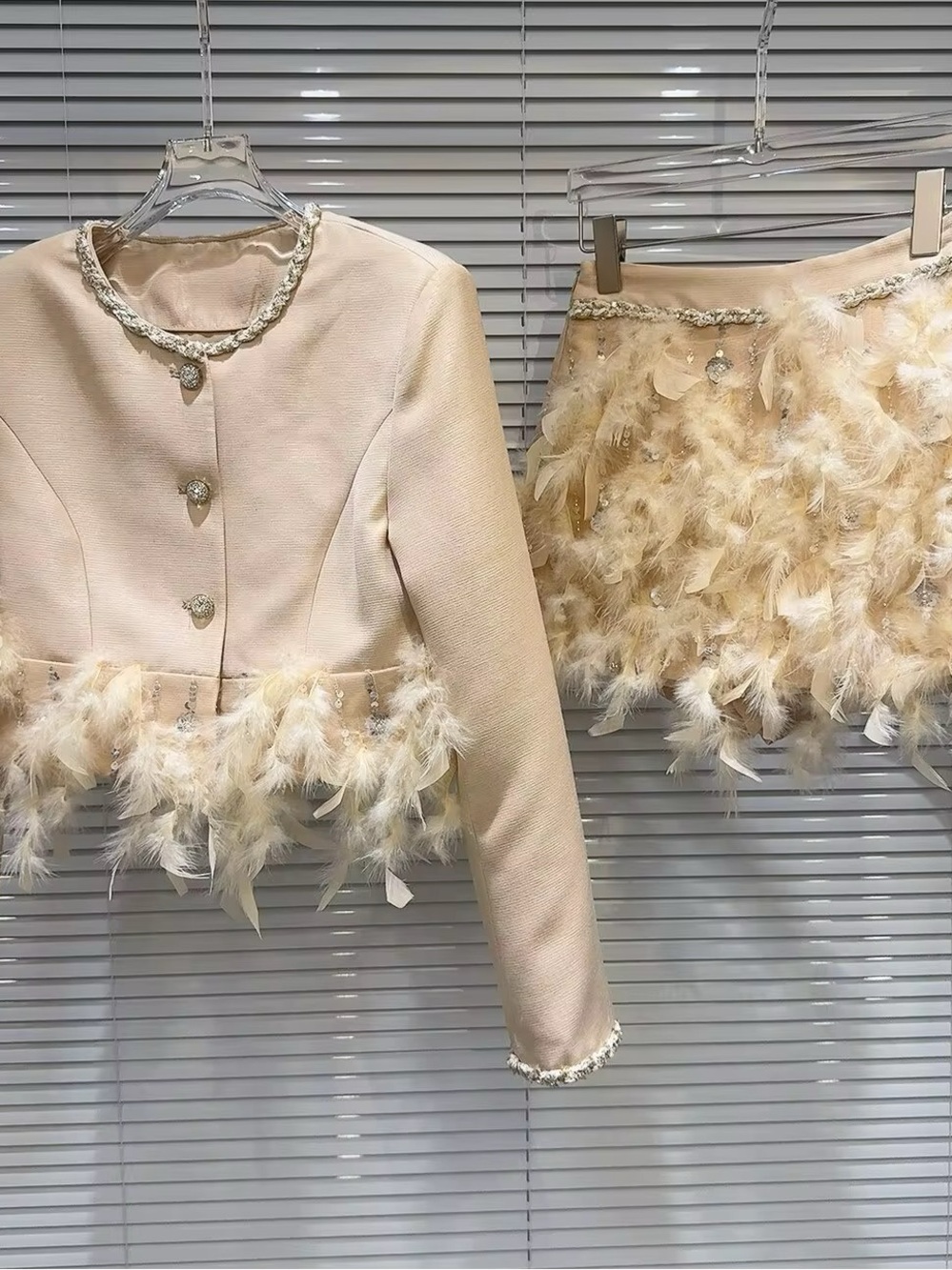 Cream Feather-Trim Mini Skirt